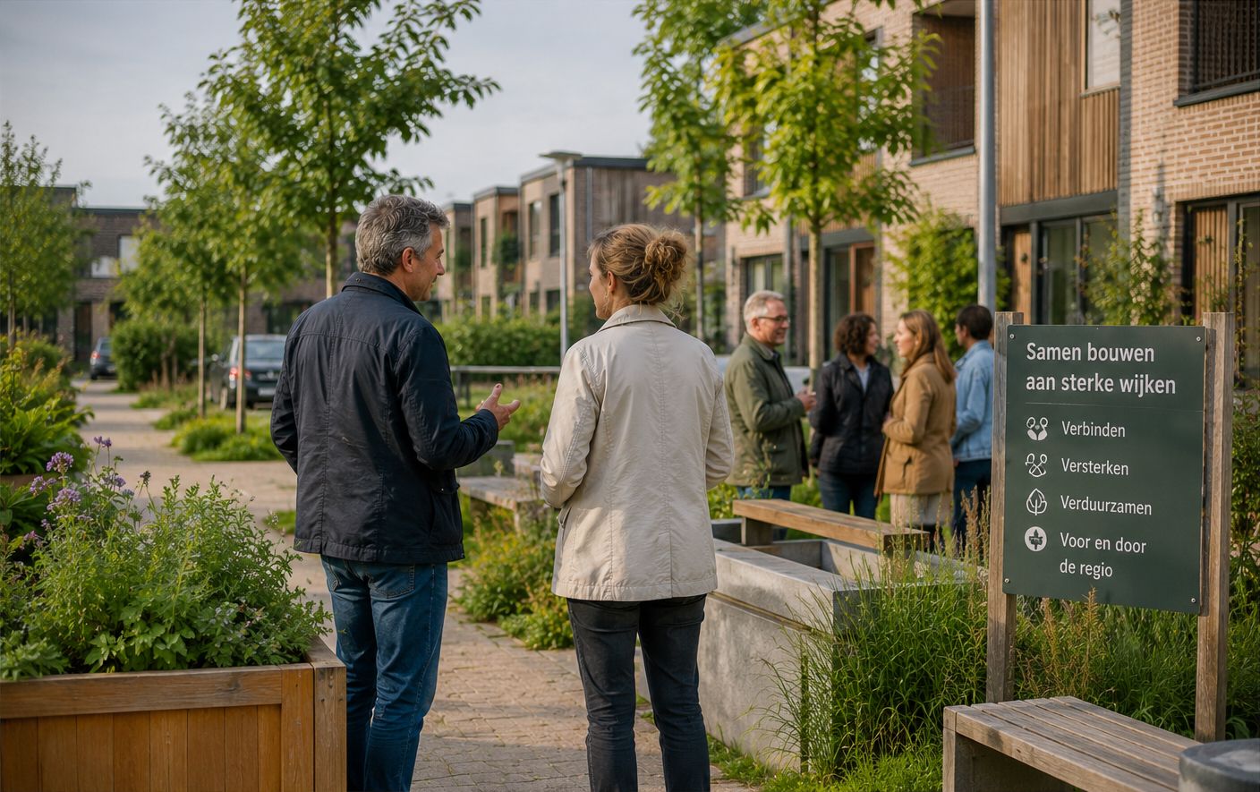 Een man en vrouw wandelen en praten in een moderne, groene woonwijk waar op de achtergrond buurtbewoners met elkaar in gesprek zijn bij een informatiebord.