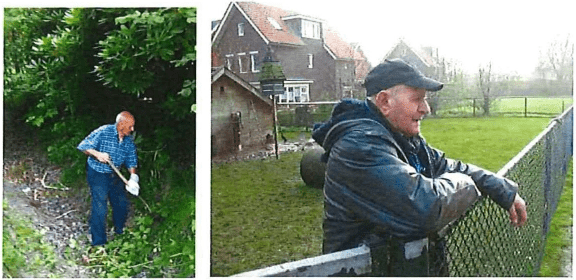 Twee gecombineerde foto's van oudere mannen die buiten aan het werk zijn. Links snoeit een man de bosjes met handgereedschap; rechts leunt een man met een pet lachend tegen een gaashekwerk bij een weiland.